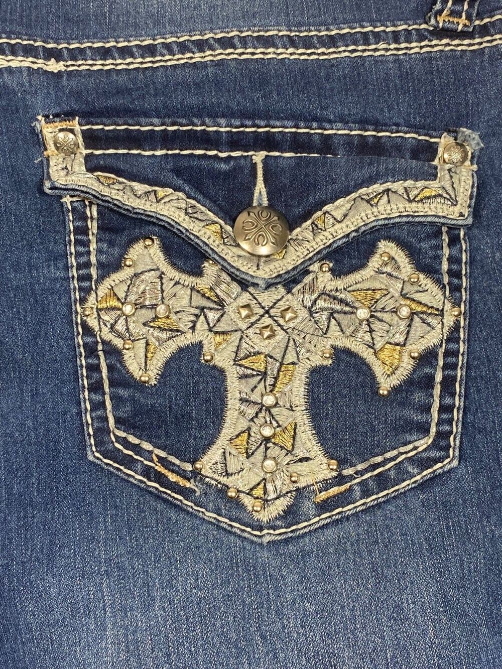 Y2K ND Weekend Capri Jeans~Womens 14~Embroidered Crosses/Bling~Gothic~Vintage